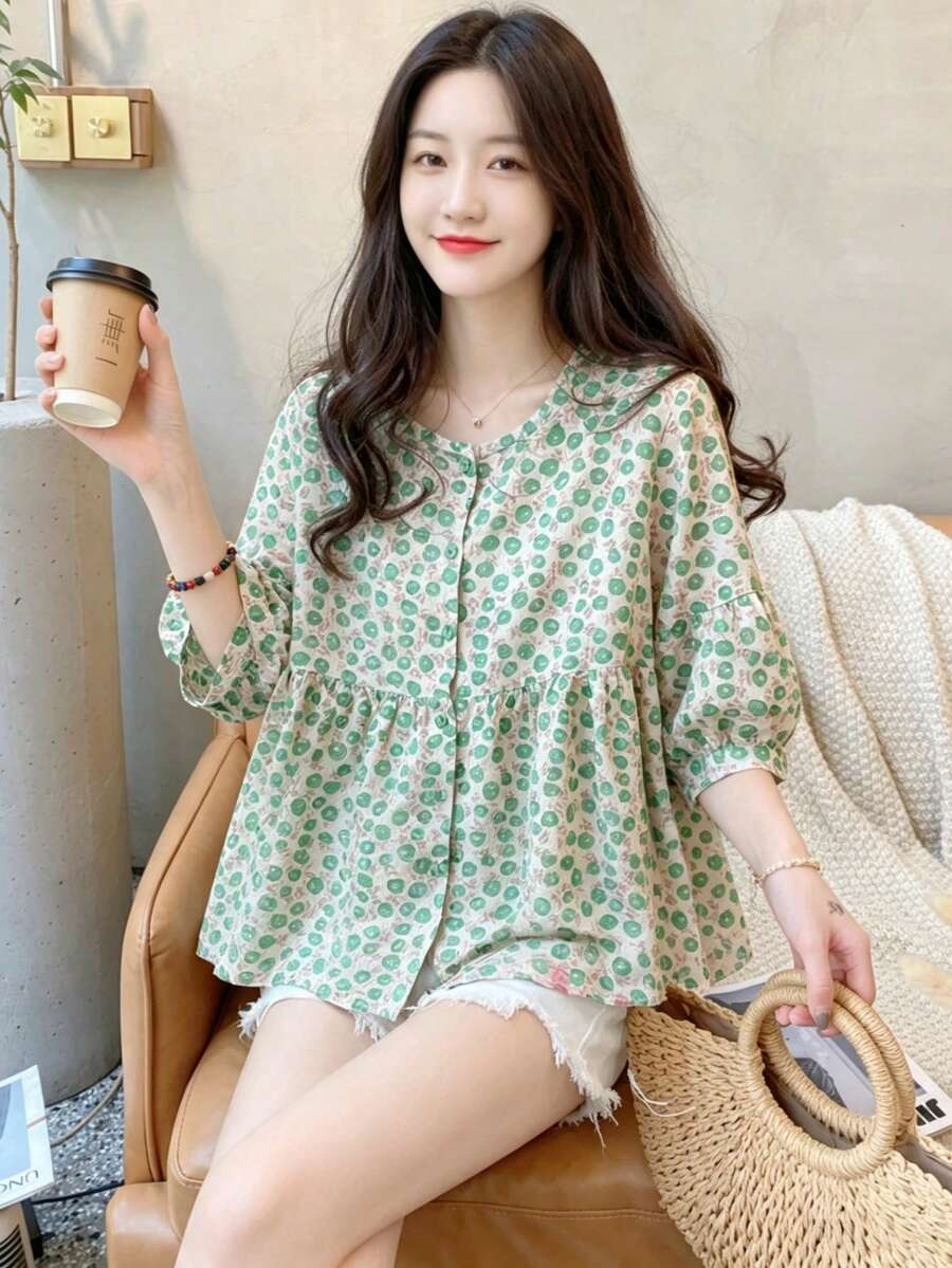 YUXIN 夏季新款宽松甜美七分袖圆领休闲衬衫，时尚蝙蝠袖碎花衬衫