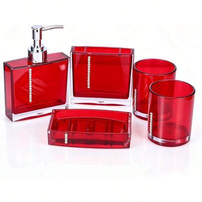 Juego de 5 Accesorios de Baño Decorativos de Acrílico Colección de Accesorios de Baño, Incluye Botella de Emulsión, Soporte para Cepillo para Polvo de Dientes, 2 Vasos para Gárgaras para