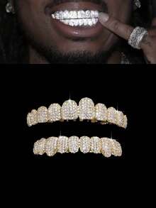 THATBOY 2pcs CZ Grillz Teeth Covers Set, 10 Teeth Coverage, Hip Hop Rapper Cosplay Shiny Punk Teeth Caps, Instant Smile Upgrade, Unisex - Multicolor - View 8