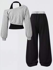Lurzo Teen Girl Letter Print 2 In 1 Halter Neck T-Shirt And Casual Pants Set, Suitable For Outdoor Wear, Style - Grey - View 4