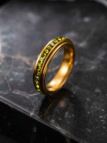 1pc Stainless Steel Gold Ring, Pave Set Colorful Square Rhinestone Thin Band, Versatile Accessory For Daily Wear, Date And Party - Multicolor - View 22