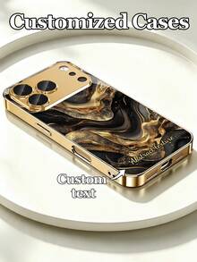 1pc Personalized Custom Text Black Gold Fluid Gilded Marble Pattern Design Electroplated Tempered Glass Phone Case Compatible With IPhone 17 Pro Max/17 AIR/16/15/13/12/11/XS Max/678 Plus, High-End Business Custom, Light Luxury Fashion, Built-In Lens Protector, Holiday Gift, Birthday Present, Couple, Pet, Friend, Classmate, Bestie, Brother, Family, Fashion High-Definition Printed Protective Cover - Gold - View 1