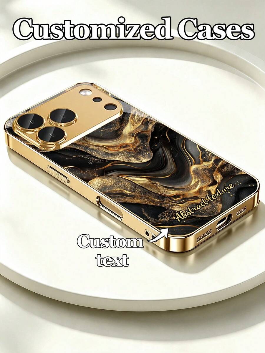 1pc Personalized Custom Text Black Gold Fluid Gilded Marble Pattern Design Electroplated Tempered Glass Phone Case Compatible With IPhone 17 Pro Max/17 AIR/16/15/13/12/11/XS Max/678 Plus, High-End Business Custom, Light Luxury Fashion, Built-In Lens Protector, Holiday Gift, Birthday Present, Couple, Pet, Friend, Classmate, Bestie, Brother, Family, Fashion High-Definition Printed Protective Cover - Gold - View 1