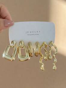 6-18pcs/Set Fashion Creative Heart, Water Drop, Asymmetric Wave, Geometric Polygon Women's Gold Earrings Set, Elegant Versatile, Suitable For Daily Wear - Yellow Gold - View 4