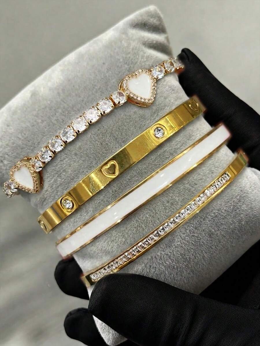1/4件套18K镀金不锈钢心形扣手链，镶嵌立方氧化锆，女士珠宝套装，适合日常佩戴、音乐节、派对礼物