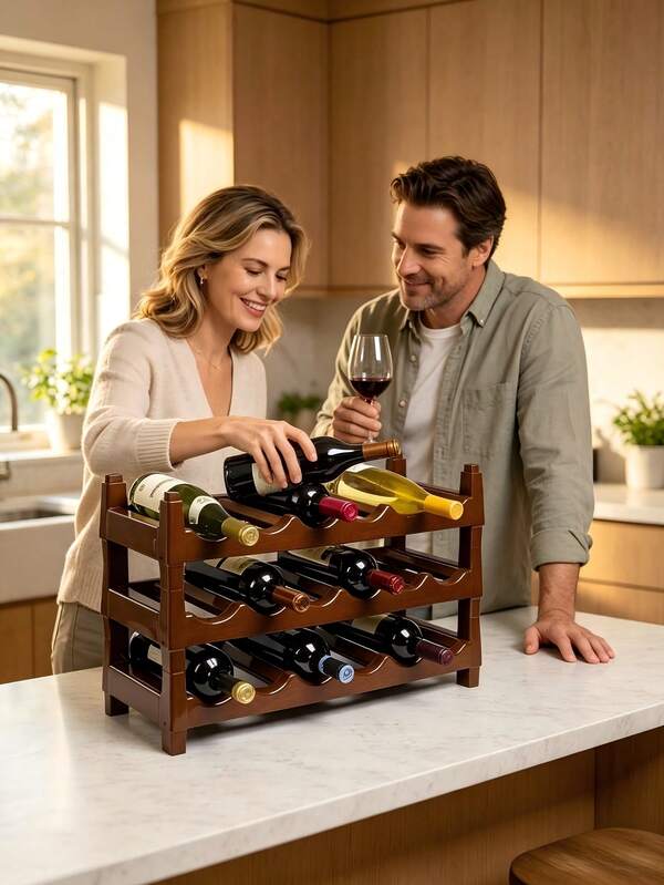 Portabottiglie multi-strato con slot a forma d'onda per il posizionamento orizzontale stabile delle bottiglie di vino; facile da assemblare, aspetto retrò, adatto per conservare e esporre il vino nei soggiorni di casa