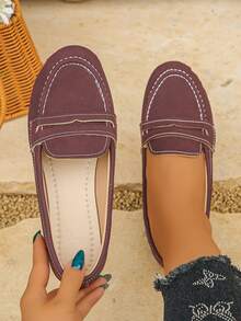 Women's Minimalist Casual Round Toe Slip-On Loafers, Burgundy Faux Suede Flat Shoes, Easy-To-Wear Soft Comfortable Daily Commute Driving Moccasins - Burgundy Frosted - View 3