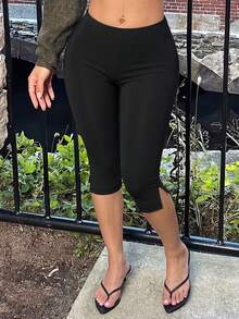 Women's Solid Color Casual Versatile Daily Wear Capri Pants Black - Black - View 7