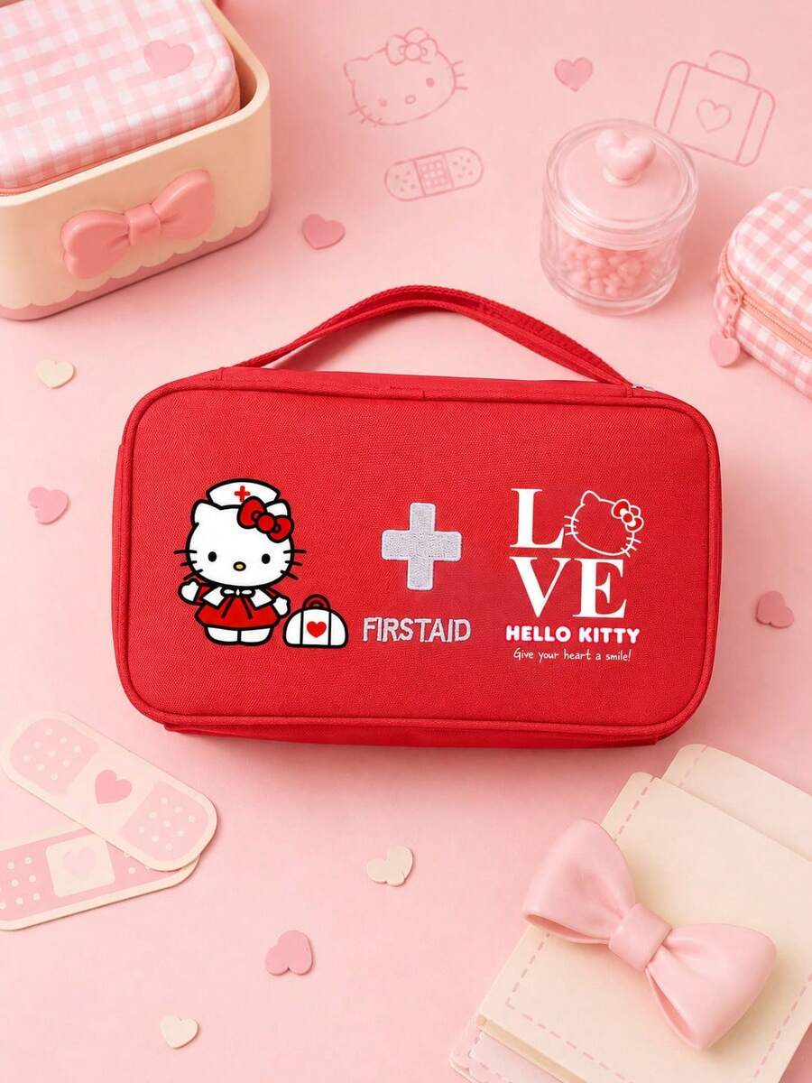 SANRIO 1Pc Hello Kitty Print Medical Bag,Portable Multiple Pockets First Aid Organizer With Handle,Zipper Travel Storage Pouch For Home,Outdoor & Daily Use - Multicolor - View 1