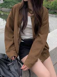 女款復古立領拉鍊機車夾克外套，秋冬款 - 棕色 - 查看 9