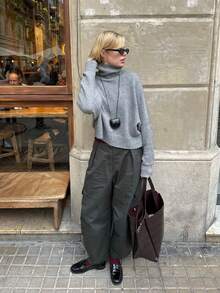 Women's Autumn Elegant Casual Gray Turtleneck Drop Shoulder Long Sleeve Cropped Knit Sweater, Suitable For Daily Wear Fall - Grey - View 3