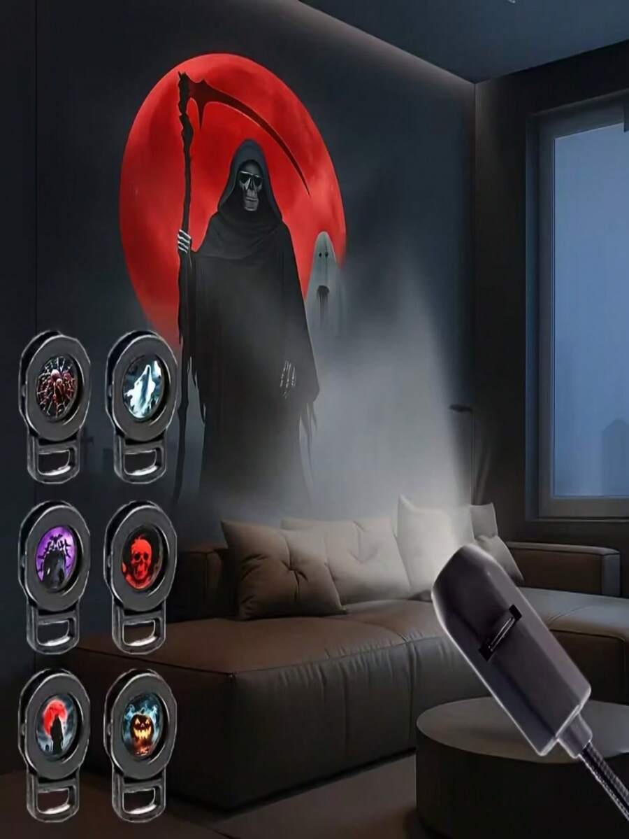 7pcs USB Halloween Projection Lights, LED Scary Atmosphere Lights, USB Powered, Interchangeable Scary Patterns - Ghost, Witch, Skeleton, Spider, Bat And Pumpkin - Plug And Play, Suitable For Home Decor, Halloween Decoration, Party Decoration And Room Decor