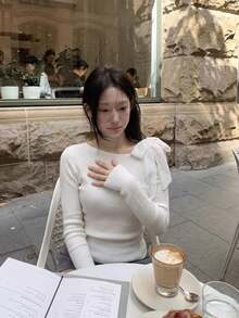 YCYC Autumn/Winter Fashion Elegant Open Shoulder Solid Color Long Sleeve Pullover Top - White - View 2
