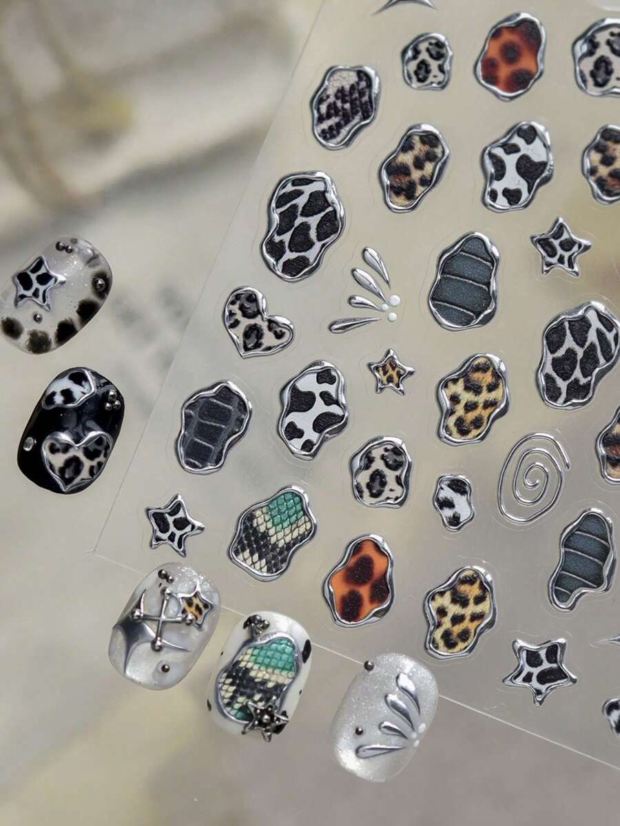 Beautizon Nailartlab 金屬飾邊豹紋美甲貼紙，不對稱蛇紋牛紋愛心星星裝飾貼紙，美式西部牛仔復古風美甲貼花，適合女性與女孩 DIY 美甲裝飾 - 彩色 - 查看 1