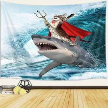 Viajar Cat Riding Shark Tapestry, Japanese Style Wall Art, Bedroom Aesthetic, Funny Cat Tapestry For Kids, - Multicolor - View 5