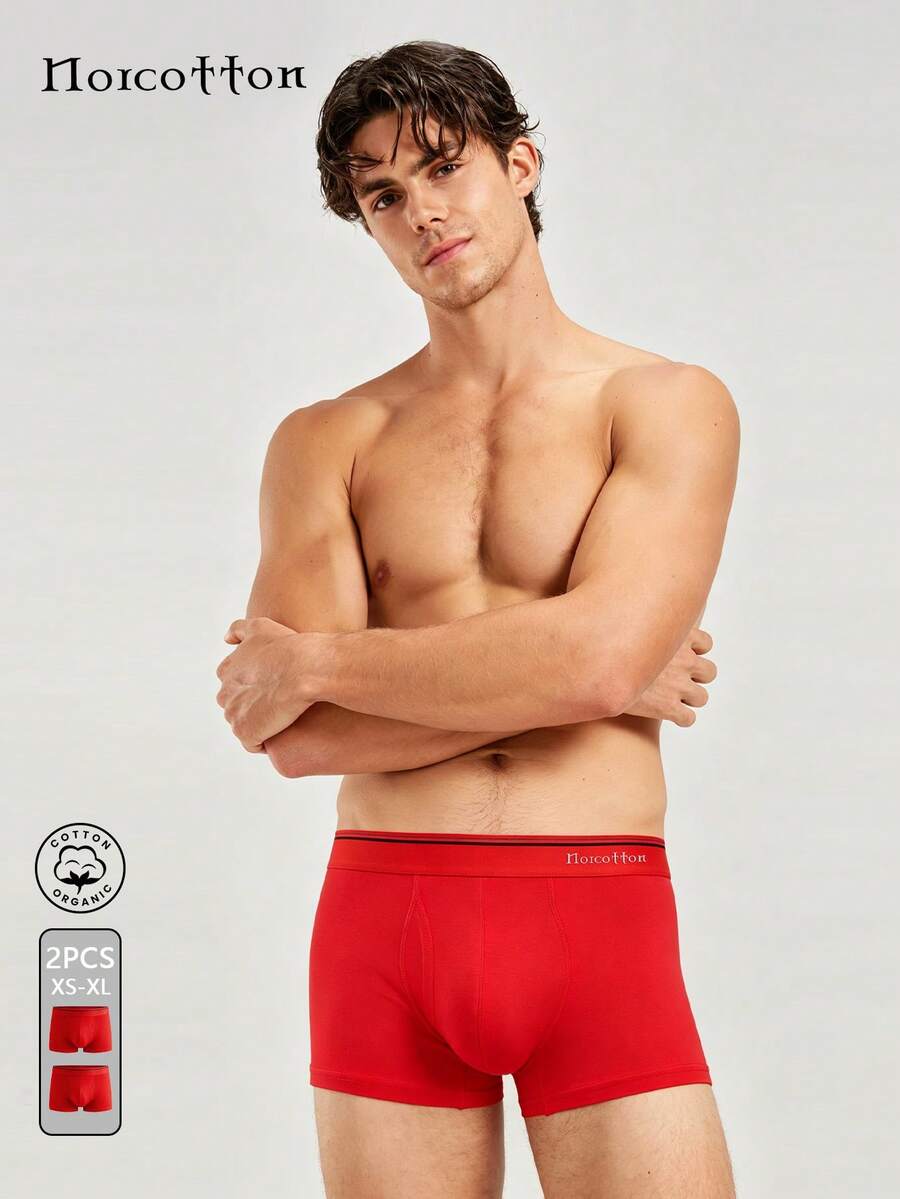 Norcotton 2pcs Red Cotton Fly Boxer Briefs Men's Underwear - Red - View 1