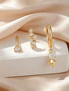 3pcs Exquisite Cubic Zirconia Inlaid Earrings Set, Suitable For Women's Daily Wear, Date, Party, Gathering, Layering - Yellow Gold - View 6