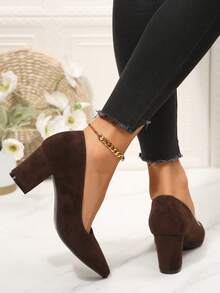 Women's High Heel Pumps, Chunky Square Heel, Spring/Autumn, Block Heels, Fine Suede Coated Fabric, Solid Color, No Print, Pointed Toe, Low Vamp - Coffee Brown - View 6