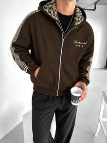 Men's Leopard Print Lining Hooded Zip-Up Jacket With Side Stripes, Loose Oversized Vintage Y2K Streetwear Style Warm Coffee Color Hooded Coat With Pockets - Coffee Brown - View 5
