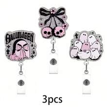 1 pièce/3 pièces/4 pièces Enrouleur de badge rétractable avec clip, motif crâne Halloween pailleté en acrylique noir et rose, convient aux professionnels de santé - Multicolore - Voir 15