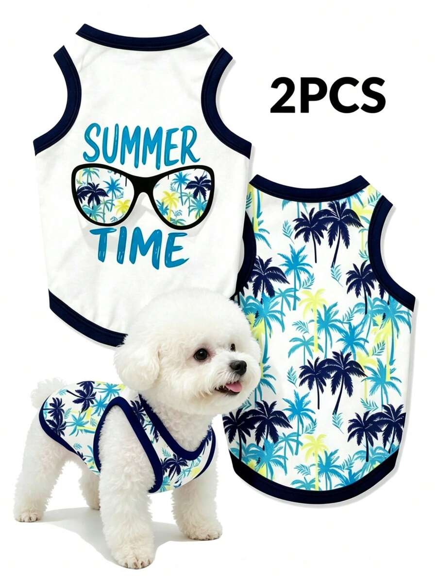 LUCKIE LABO 2 Stücke/Set Sommerferienmotiv Kokosnussbaum witziger Muster Haustierweste, physikalisches Flohrepellent, Fellverlust reduzierend, wärmeisolierend & atmungsaktiv, geeignet für kleine & große Hunde, Innen- & Außenbereich - Verschiedenfarbig - Übersicht 1