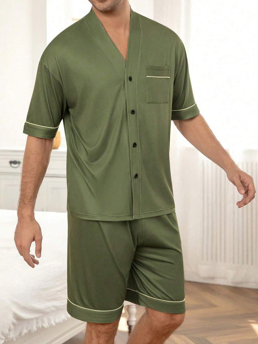 Men's Summer Thin V-Neck Cardigan Style Solid Color Pocket Short Sleeve Shorts 2-Piece Set Minimalist Premium Comfortable Loungewear Set - Multicolor - View 1