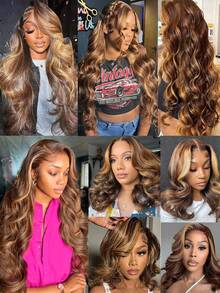ZHUICHAO 200% Density 28In Body Wave Brazilian Human Blend Synthetic Wig 13x4 HD Transparent Lace Frontal Wigs Brown Mix Honey Blonde Highlight Natural Hairline Pre Plucked With Baby Hair For Women To Wear On Daily Or Parties Wig, Halloween - SP4/27 - View 4