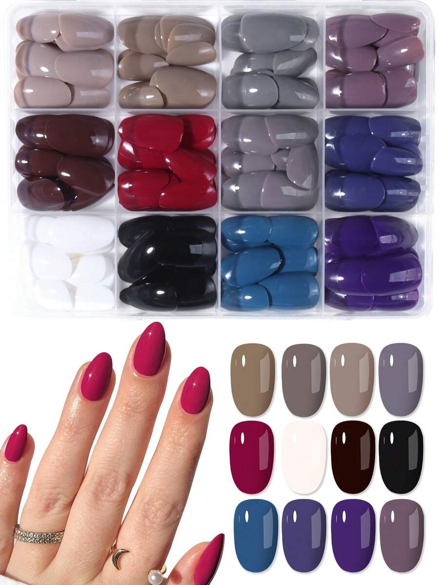 288pcs/Set (12 Mixed Colors) Short Oval Press-On Nails, Brown, Grey, Burgundy, Black Nail Set, Autumn/Winter Acrylic Nail Tips - Multicolor - View 1