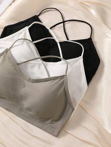 3pcs Women's Solid Color Ribbed Criss-Cross Back Wireless Bandeau, Spaghetti Strap Padded Sports Bra, Casual Daily Yoga Comfortable Bra - Multicolor - View 3