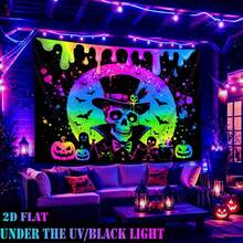 2D Flat, 1pc QD_VIVIOS Halloween Skeleton And Pumpkin Pattern Fluorescent Art Tapestry, UV Fluorescent Reactive Wall Hanging, Bedroom Decor - Multicolor - View 6