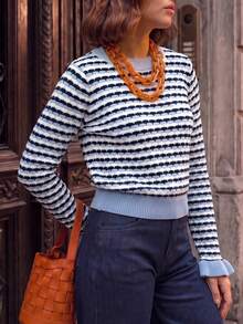 Women's Fashion Striped Pullover Sweater, Long Sleeve Round Neck Knit Top, Suitable For Autumn Wear - Multicolor - View 7