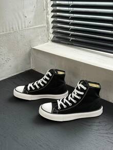 OPOEE Vintage High‑Top Canvas Shoes For Women, Classic Lace‑Up Design, Comfortable Lightweight Sneakers For Daily Street Style,Vacation,Soft Insole, - Black - View 2
