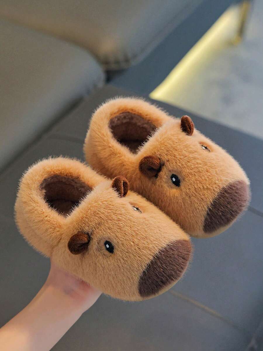 1 Pair Capybara Kids Plush Slippers, Boys Winter Cartoon Home Non-Slip Slippers, Girls Toddler Big Kids Slippers