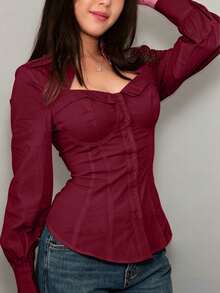 Elegante Damen-Bluse für den Arbeitsalltag, schmale Passform, mit Umlegekragen, langen Ärmeln, Knopfleiste vorne, Bindegürtel hinten und Taillen-Falten, einfarbig Rot - Rot - Übersicht 7