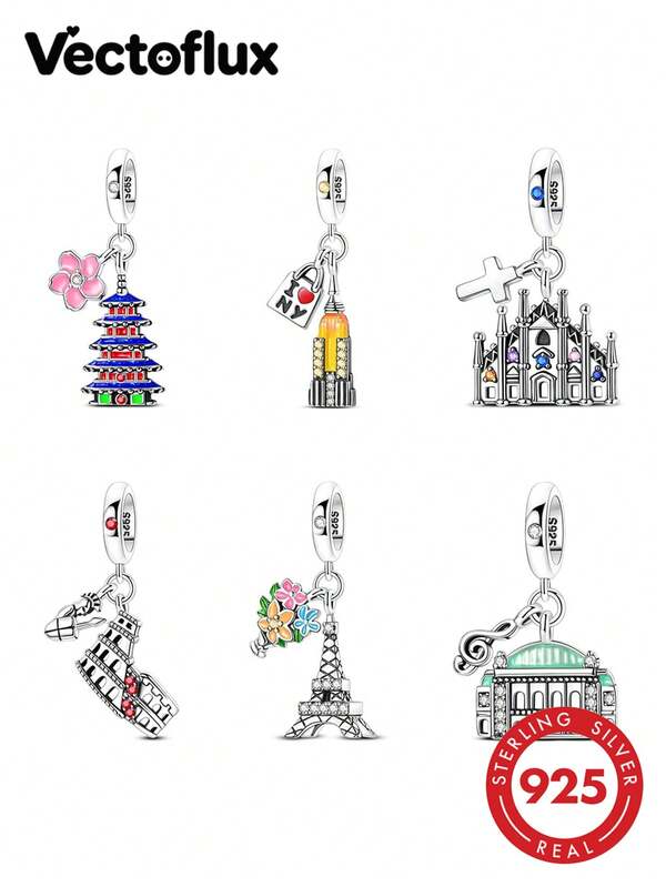 Vectoflux 1pc Global Travel Style S925 Sterling Silver Hypoallergenic Travel Landmark Tokyo Milan Vienna Charm Pendant, Suitable For Original Bracelet, Women's DIY Jewelry Making, Birthday Gift