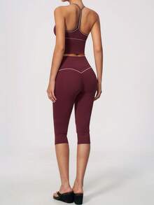 NcmRyu Women's One Set Contrast Color White Line Spaghetti Strap V-Neck Y-Back Tank Top And Hip-Lifting Mid-Length Shorts Sports Set - Red - View 9