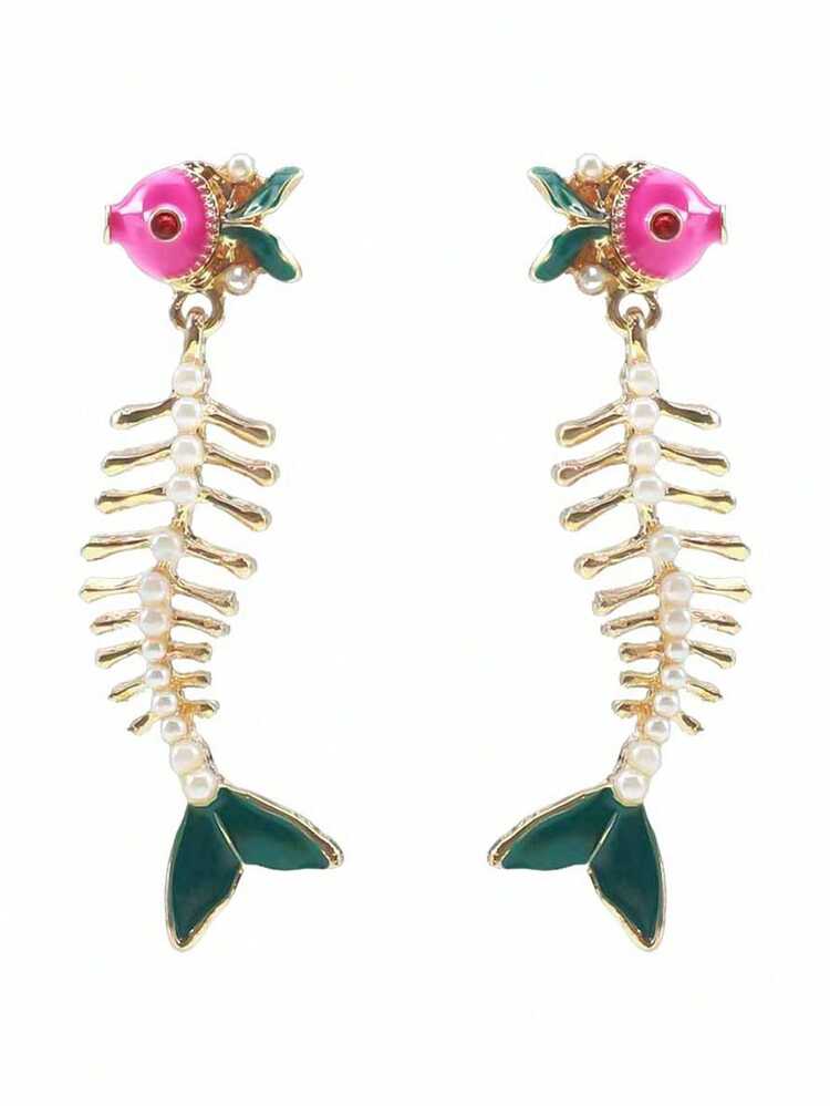 1 Pair European & American Niche Creative Alloy Oil-Drop Rhinestone Pearl Colorful Fish Bone Dangle Earrings, Summer Beach Vacation Style - Fishbone Earrings - View 6