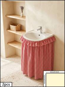 1pc Black And White Plaid Fabric Washable Material Round Basin Skirt With Ruched Hem And Pleated Details, Minimalist Fashion Style, Concealing Washbasin Storage And Decorative Function, Suitable For Bathroom Daily Arrangement And Modern Home Decor - Red - View 13