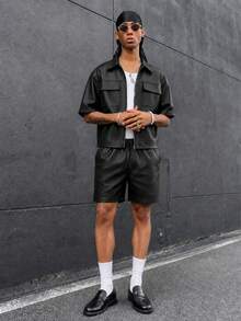 HOMIIE Men's 2 Pieces Set, Black PU Leather Short Sleeve Zipper Short Jacket & Elastic Waist Drawstring Shorts, Flap Pocket Streetwear Back To School Outfit - Black - View 3