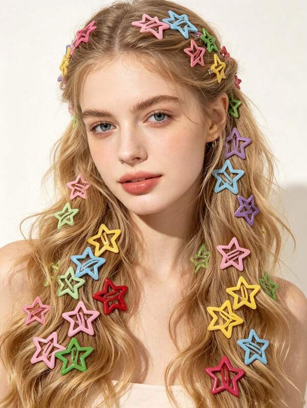 20pcs/40pcs/60pcs Colorful Hollow Star BB Hair Clips, Sweet Cool Y2K Millennium Style Suitable For Side Fixing Loose Hair, Energetic Dopamine Style Vibrant Sweet Cool Style Suitable For Bangs, Braided Hair Fixing, Music Festival Makeup Matching Hair Accessories, Fresh Girl Style Embellishing Braided Hair, Daily Versatile Bangs Hair Clips
