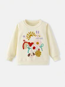 Girls Round Neck Long Sleeve Sweatshirt Rabbit Puppy Rainbow Flower Sun Print Loose Casual Pullover Sweatshirt For Toddlers And Young Children - Apricot - View 2