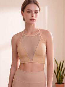 CELILIN Women's Halter Mesh Seamless Bra, Ribbed Crisscross Back Crop Tank Top For Summer Outfits, Yoga & Casual Wear - Apricot - View 2