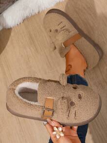1 Pair Women Closed Toe Daily House Shoes Cute Cartoon Buckle Strap Shoes - Coffee Brown - View 5
