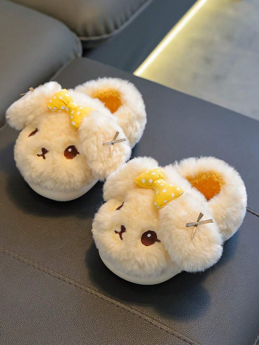 1 Pair Kids Fuzzy Slippers With PVC Sole, Anti-Slip & Warm, Indoor/Outdoor Wear, Cartoon Rabbit Design, Winter New Cute Full-Back Fuzzy House Shoes For Boys & Girls - Yellow - View 1