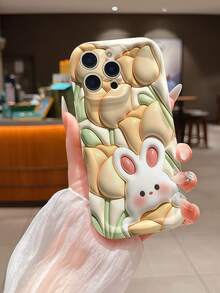 1pc Wavy Edge Cream Floral Print Phone Case, Soft TPU Shockproof Protective Cover, Tulip Rabbit 3D Pattern Phone Case Compatible With Samsung, Series Phones - White - View 1