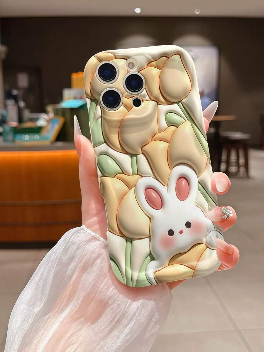 1pc Wavy Edge Cream Floral Print Phone Case, Soft TPU Shockproof Protective Cover, Tulip Rabbit 3D Pattern Phone Case Compatible With Samsung, Series Phones - White - View 1