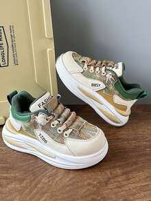 1 Pair Kids' Popular Sports Shoes, New Autumn Style, Fashionable Versatile Non-Slip Casual Skate Shoes For Boys And Girls, Suitable For Daily Wear All Seasons - Khaki - View 1
