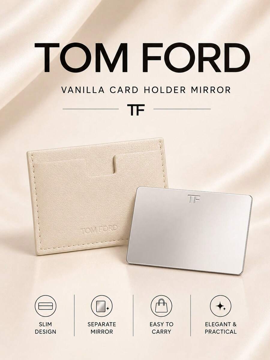 Tom Ford حامل بطاقات TF فانيلا مع مرآة 9.5*6 سم، يُباع بشكل فردي، خفيف الوزن وقابل للحمل، متعدد الاستخدامات لتعديل المكياج وتخزين البطاقات