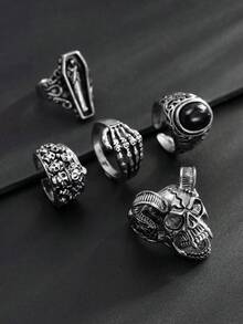 5pcs Punk Style Skull & Gemstone Decorated Ring Set For Men, Party Accessory - Antique Silver - View 6