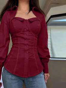 Elegante Damen-Bluse für den Arbeitsalltag, schmale Passform, mit Umlegekragen, langen Ärmeln, Knopfleiste vorne, Bindegürtel hinten und Taillen-Falten, einfarbig Rot - Rot - Übersicht 5